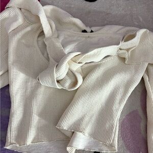 Cream Ribbed Knit Sweater with Tie Detail